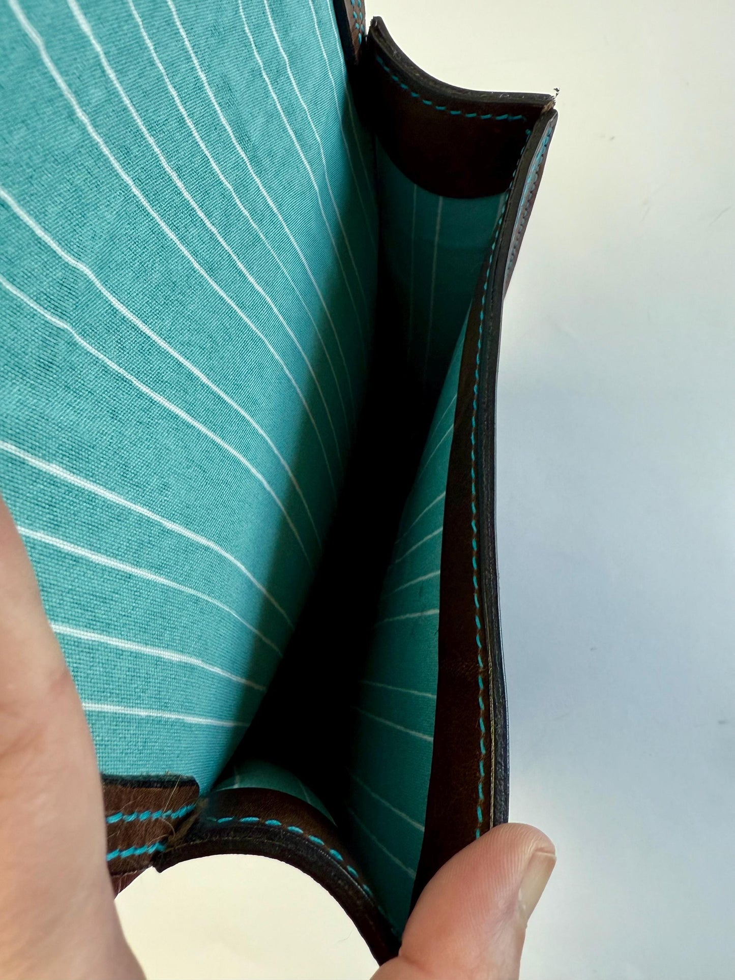 Handmade Leather Horseshoe-style Crossbody Bag - Teal thread - Fully Lined Teal Stripes - Horween leather - Hand-Stitched