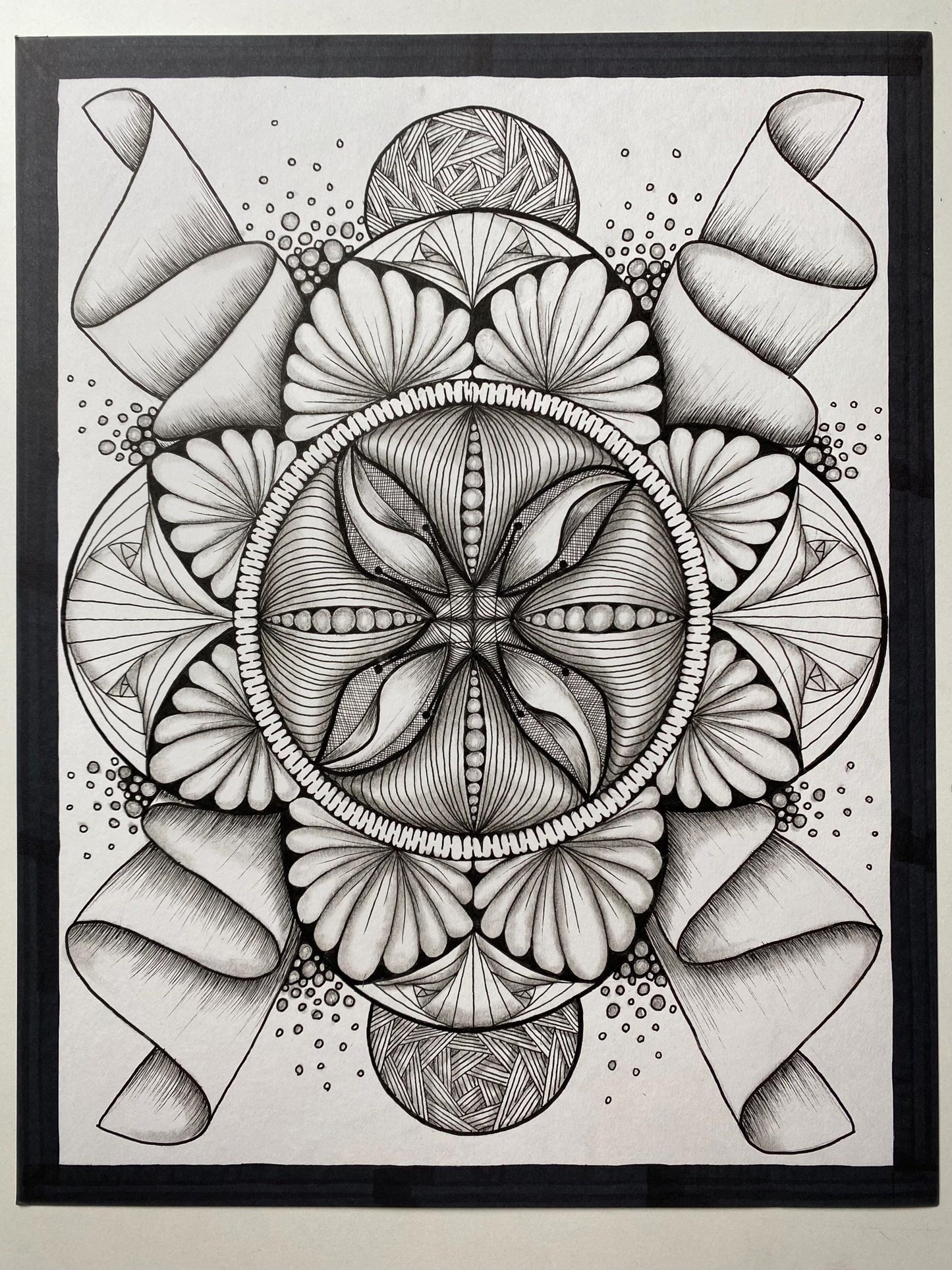 Original Ink Art Drawing - "Floral Sun" - Zentangle Style in Frame