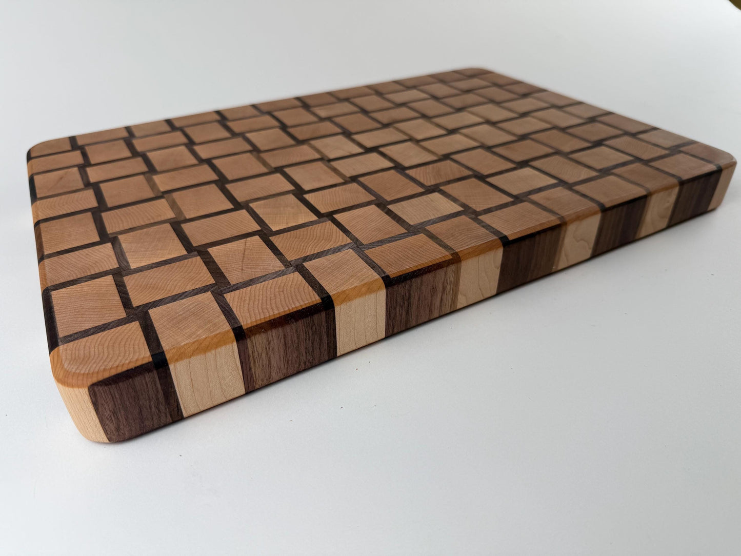 Handmade End-grain Basket-weave Cutting Board, Solid Walnut and Maple, 1.5-inch Thick, Heavy Duty, built-in handles