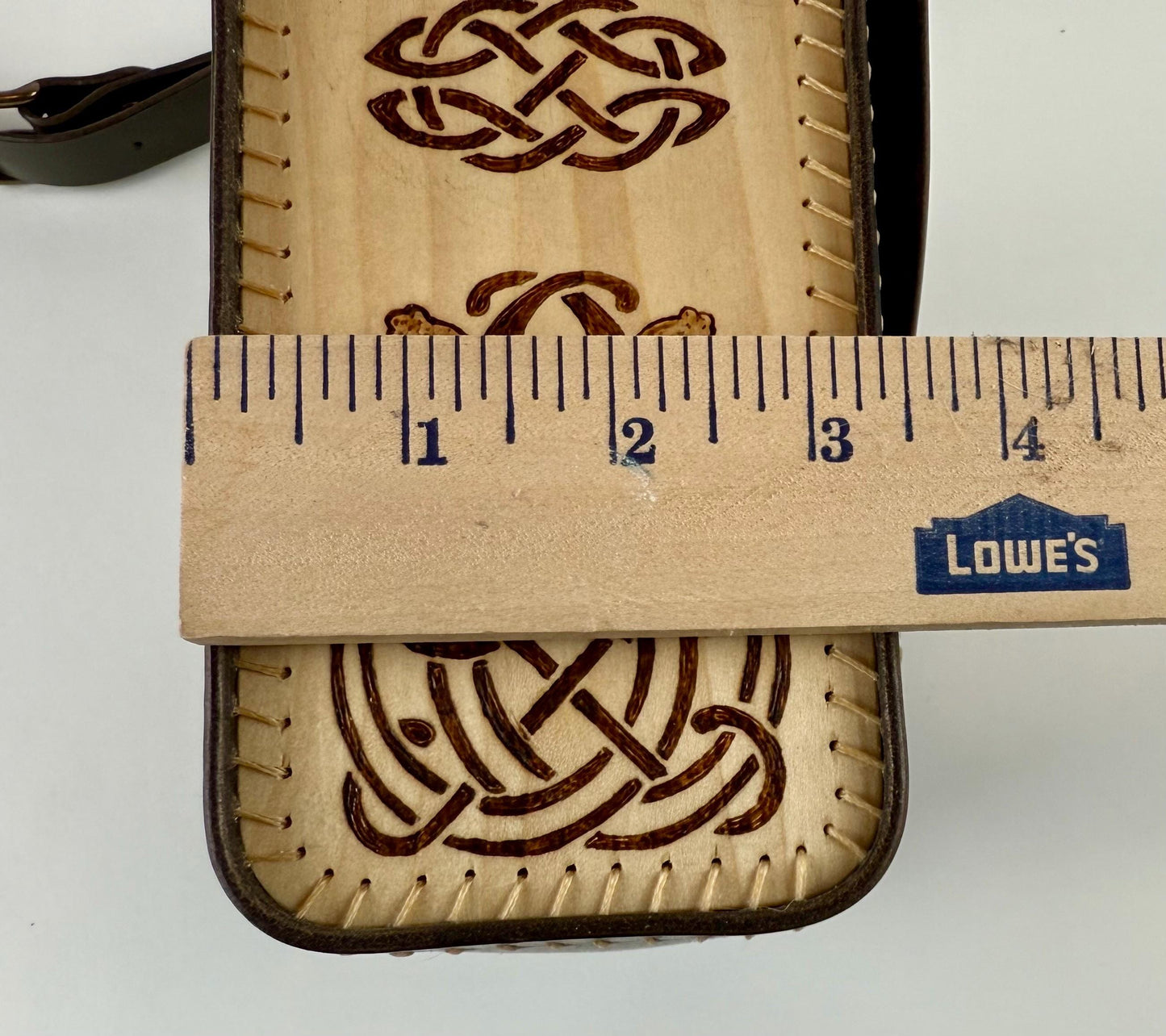 Handmade Green Leather Cross-body Purse with Wooden Side Panels and Celtic Pyrography - Hand-Stitched