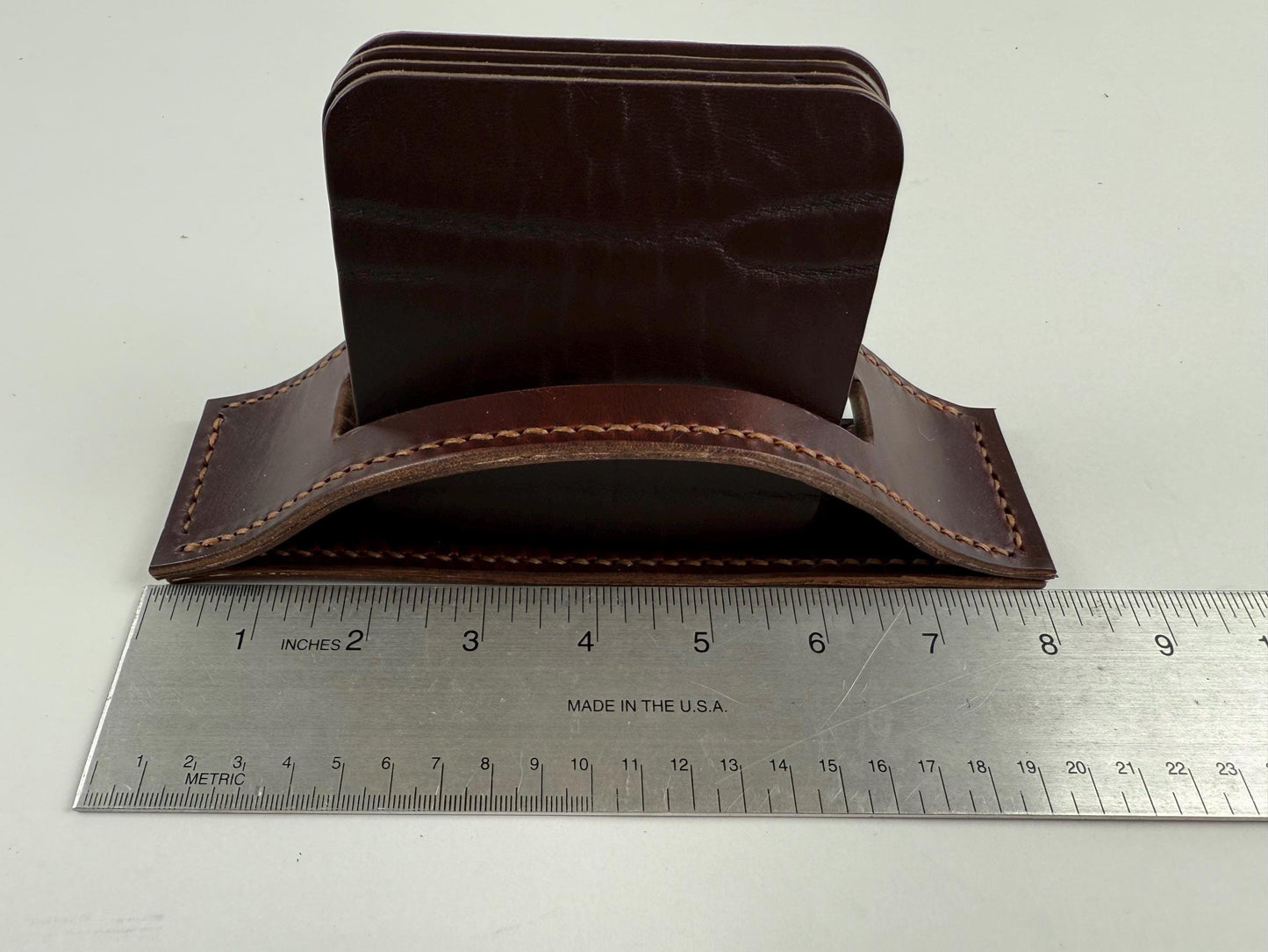 Handmade Leather Coasters and Coaster Holder, Buffalo and Horsehide, Horween leather, hand stitched