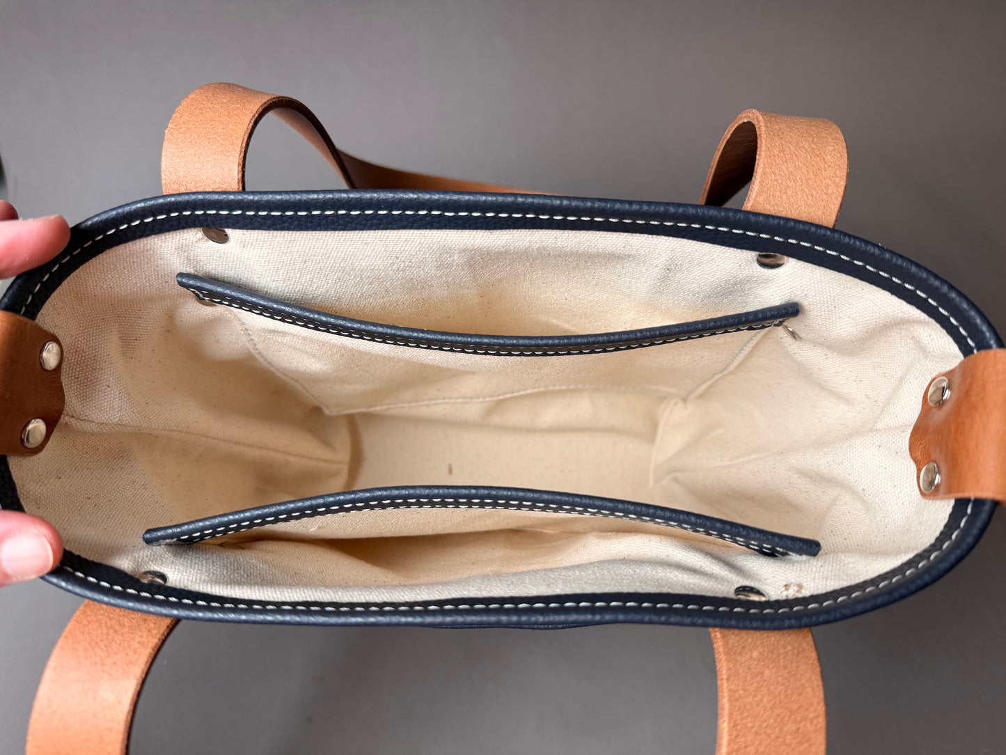 Navy Blue Leather Mini Tote Bag - with Canvas Lining- multiple pockets