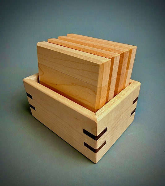 Handmade Maple Wood Coasters - Set of 4 - with maple and walnut storage box