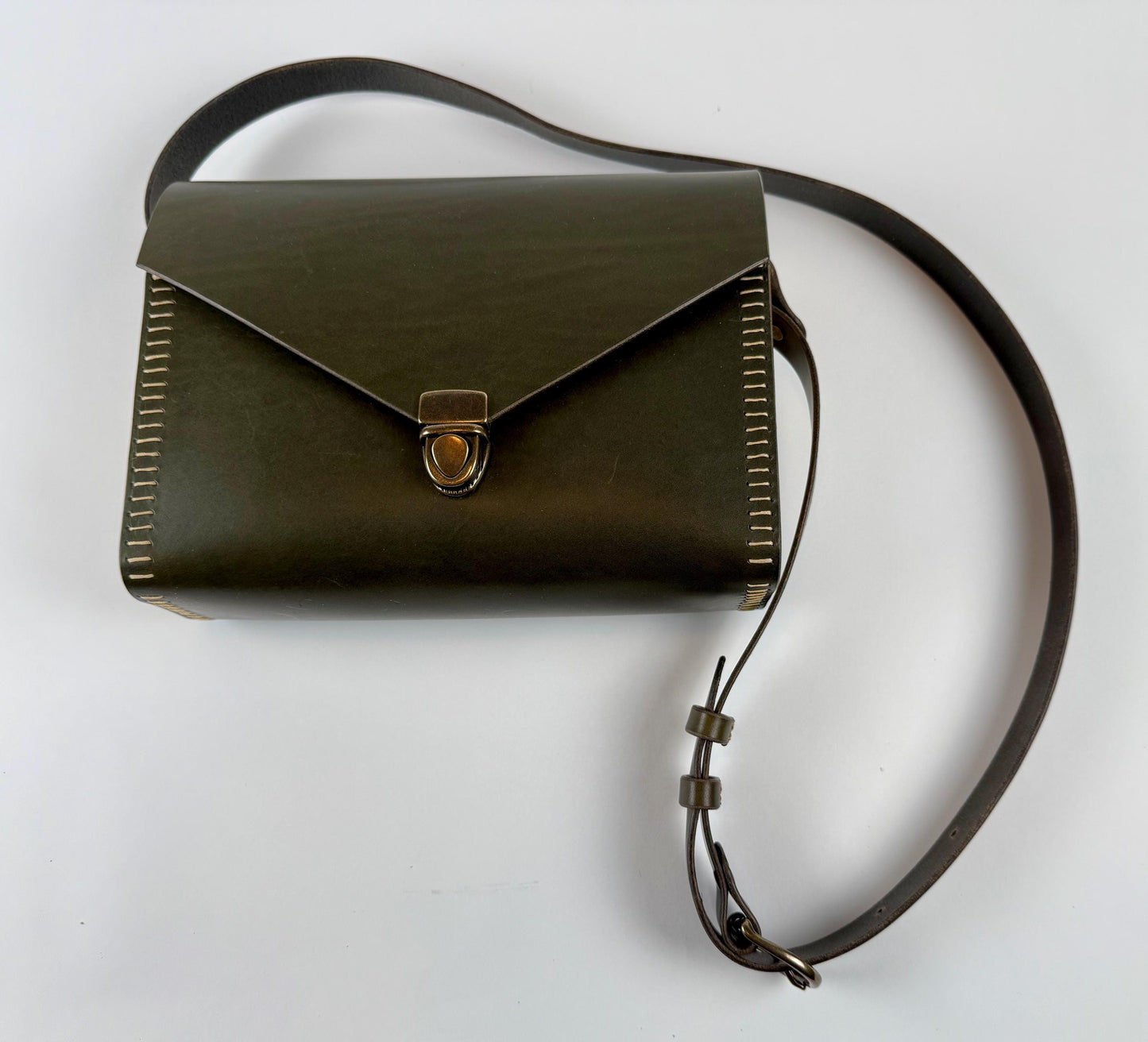 Handmade Green Leather Cross-body Purse with Wooden Side Panels and Celtic Pyrography - Hand-Stitched