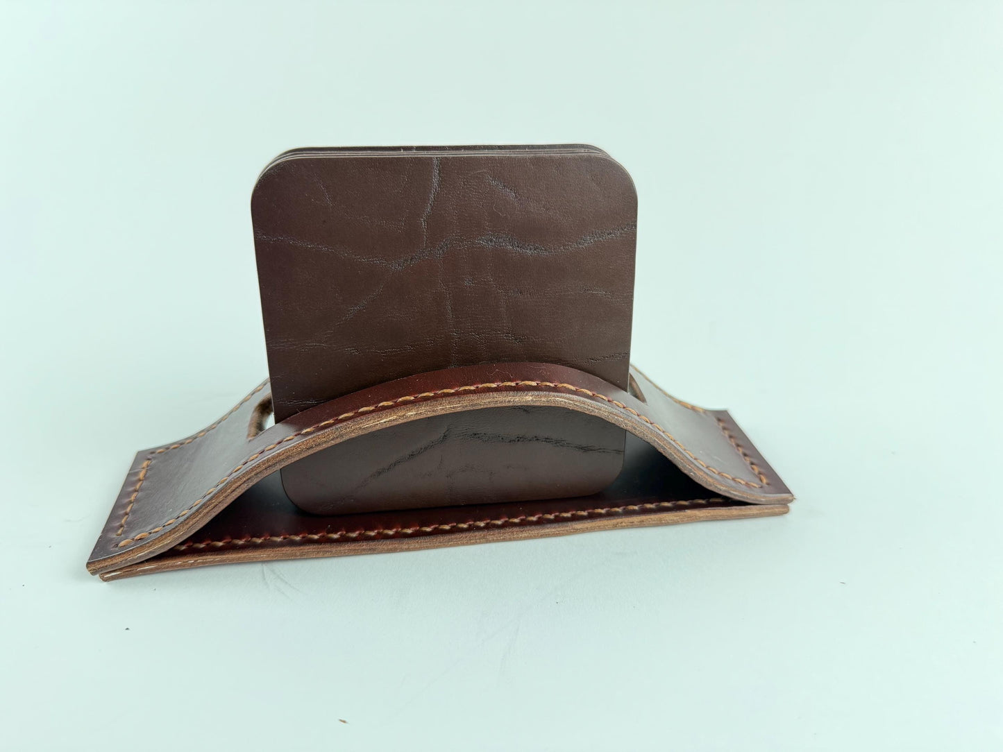 Handmade Leather Coasters and Coaster Holder, Buffalo and Horsehide, Horween leather, hand stitched