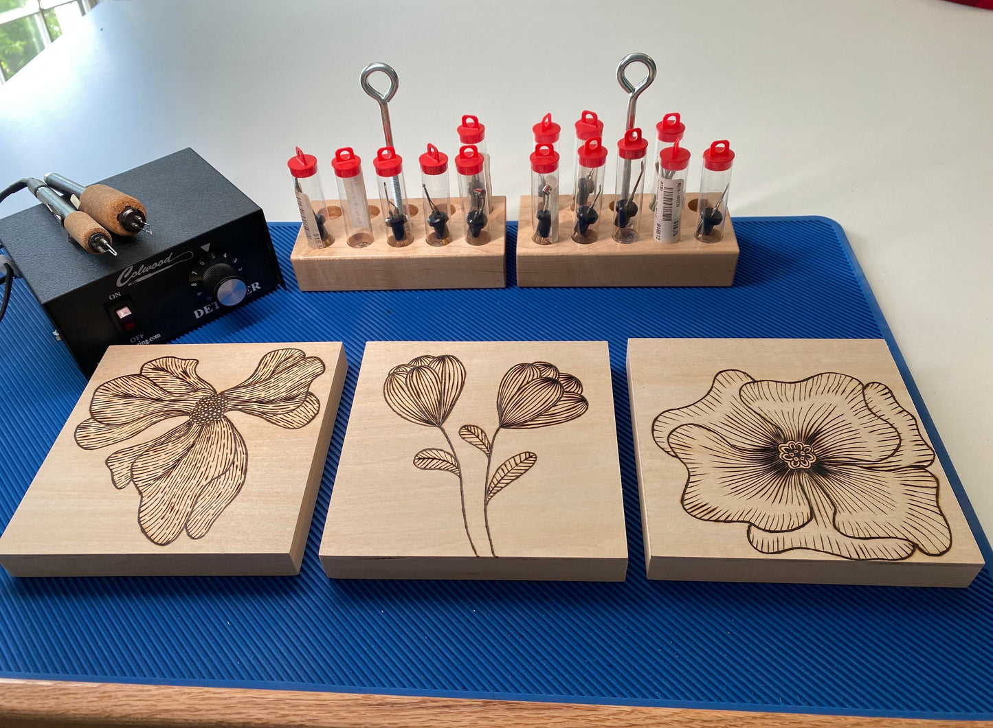 Wall Art: Zentangle Flowers - Trio of 6”x6” tiles - Woodburned (Pyrography)