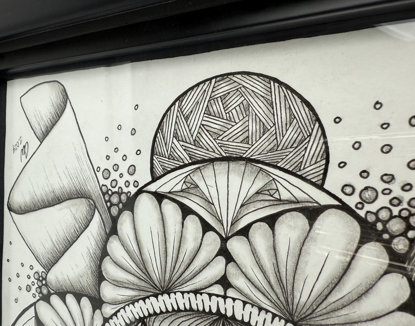 Original Ink Art Drawing - "Floral Sun" - Zentangle Style in Frame