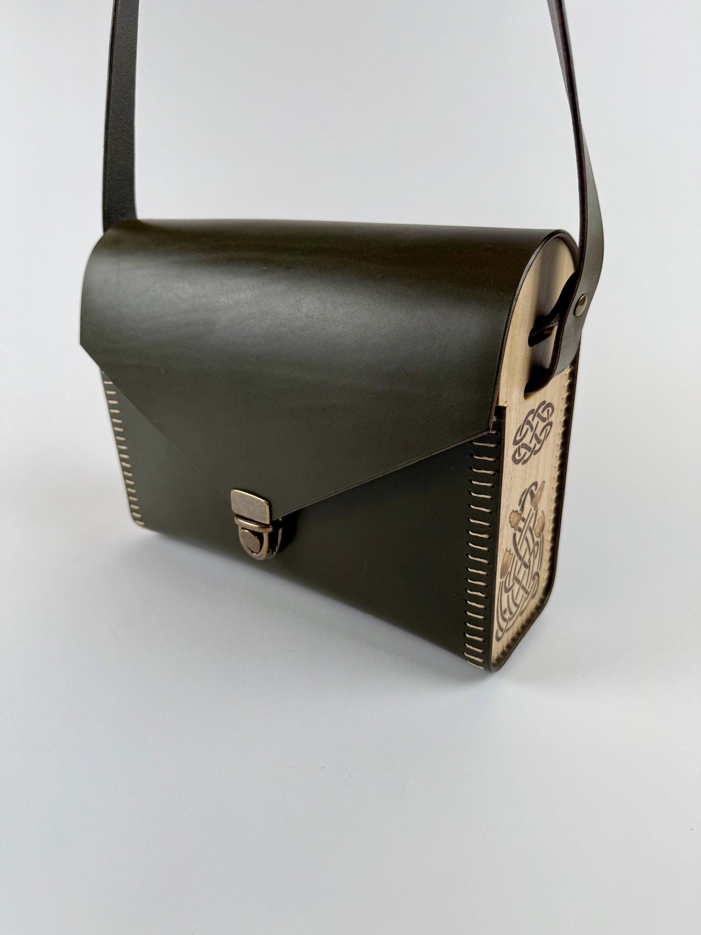 Handmade Green Leather Cross-body Purse with Wooden Side Panels and Celtic Pyrography - Hand-Stitched
