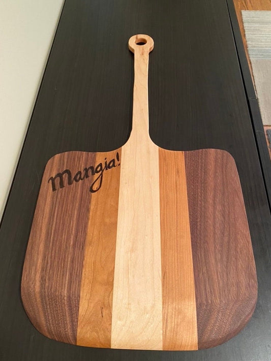 Handcrafted Pizza Peel - Woodburned "Mangia!"