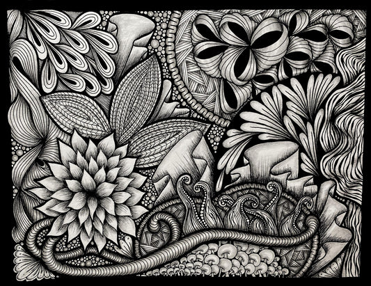 Original Ink Art Drawing - "Sea Life" - Zentangle Style in Frame