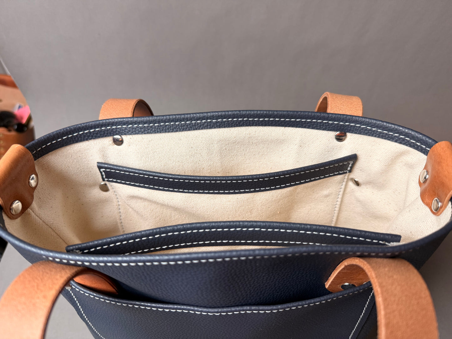 Navy Blue Leather Mini Tote Bag - with Canvas Lining- multiple pockets