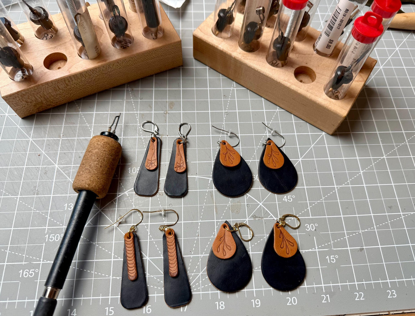 Leather Earrings - Natural Vegetable Tanned leather with Pyrography