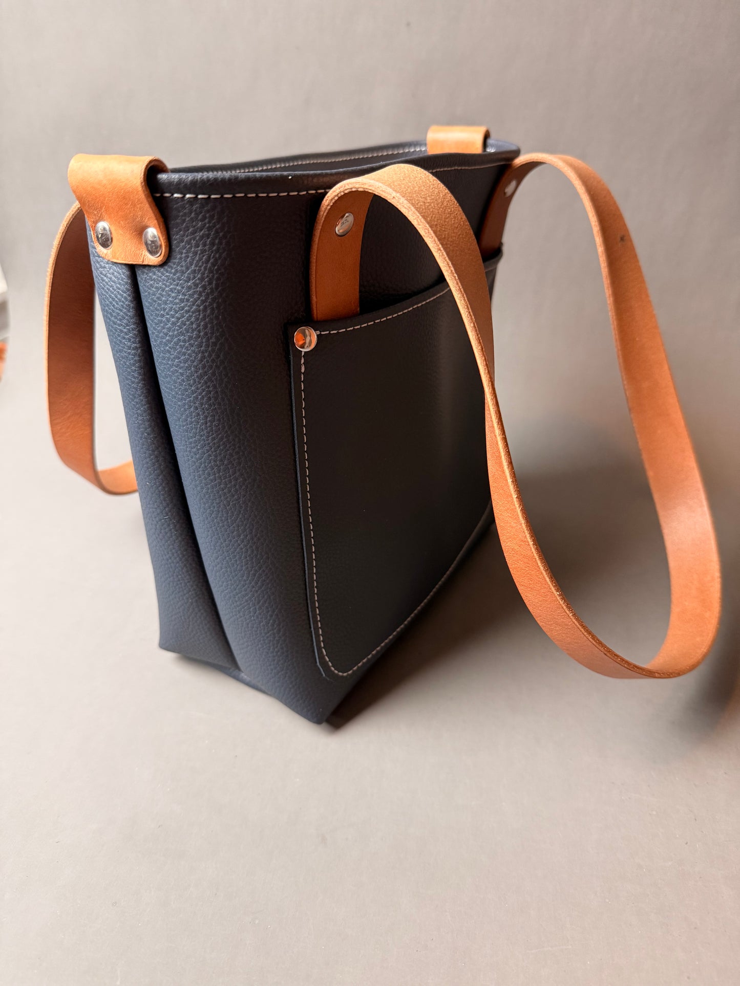 Navy Blue Leather Mini Tote Bag - with Canvas Lining- multiple pockets