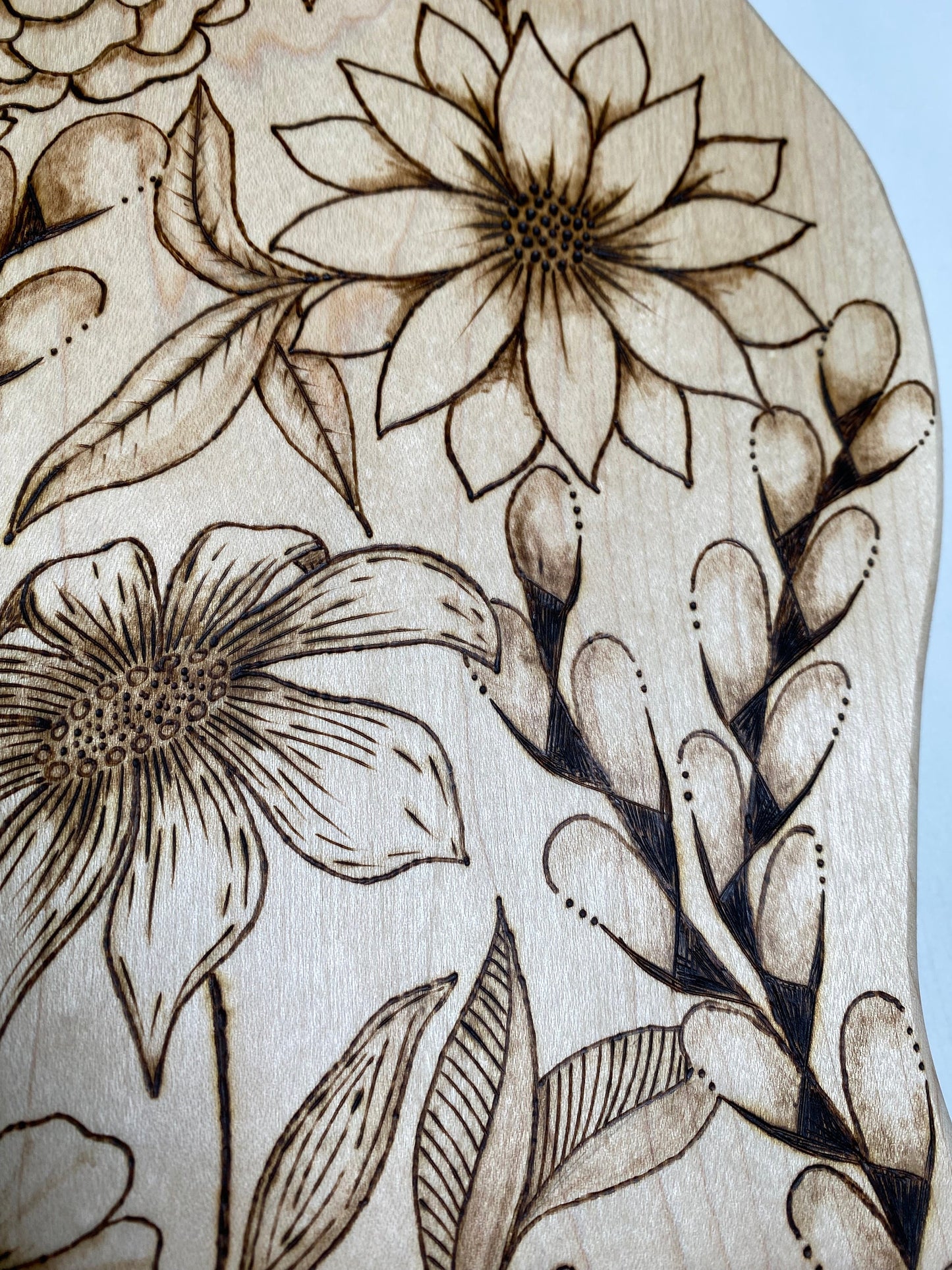 Handmade Charcuterie Board - Pyrography Zentangle Flowers Design - Hand Woodburned - mid-size