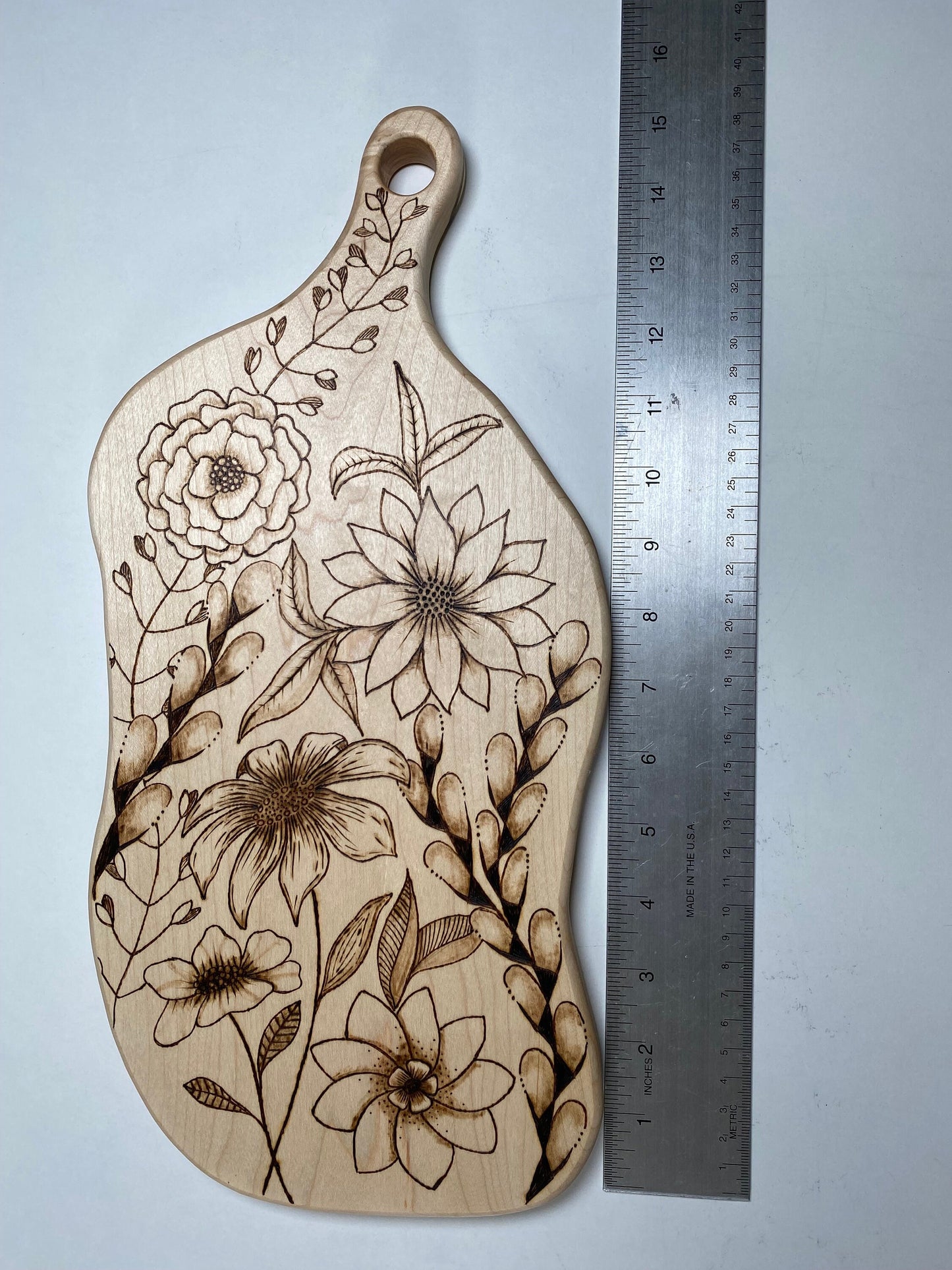 Handmade Charcuterie Board - Pyrography Zentangle Flowers Design - Hand Woodburned - mid-size