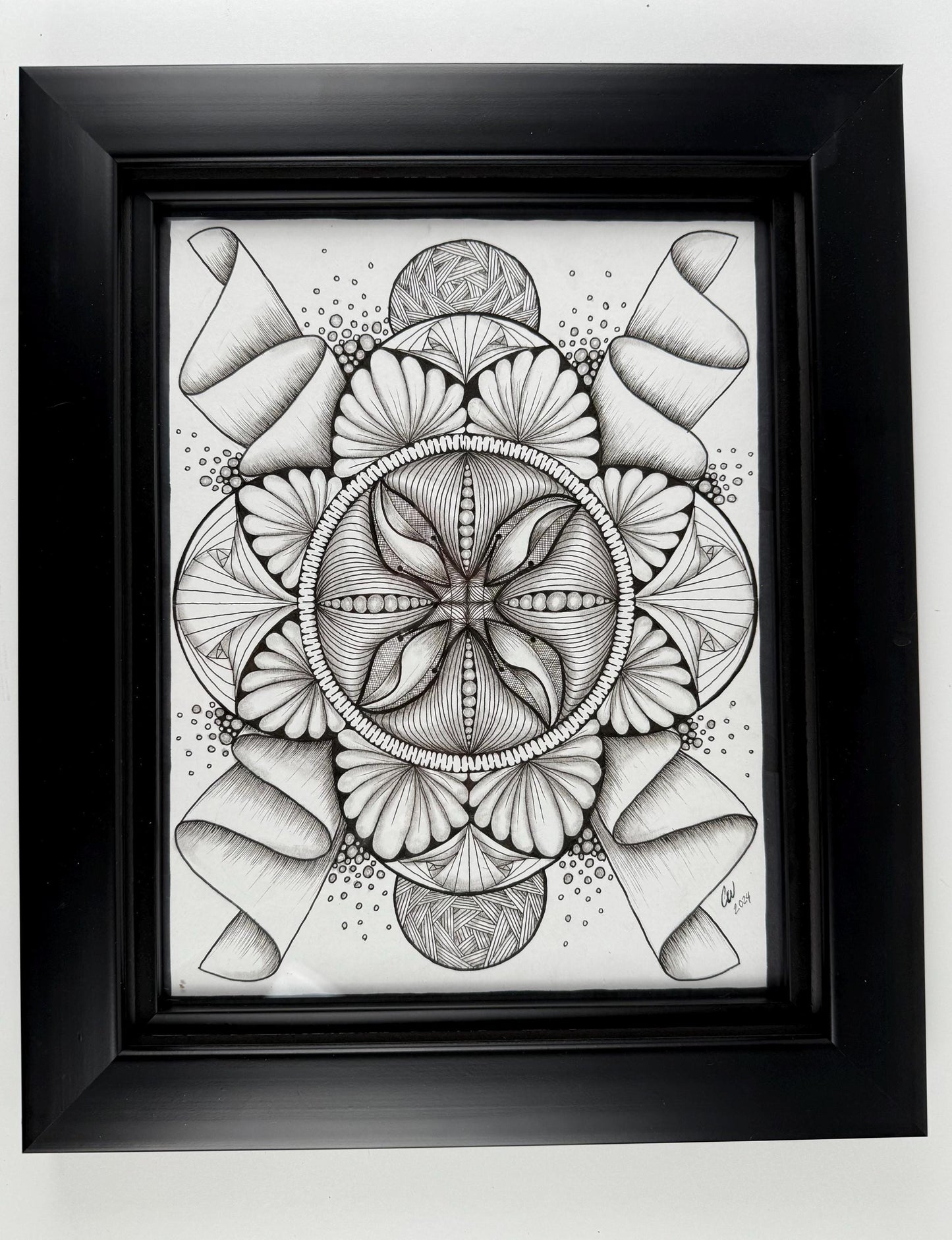 Original Ink Art Drawing - "Floral Sun" - Zentangle Style in Frame