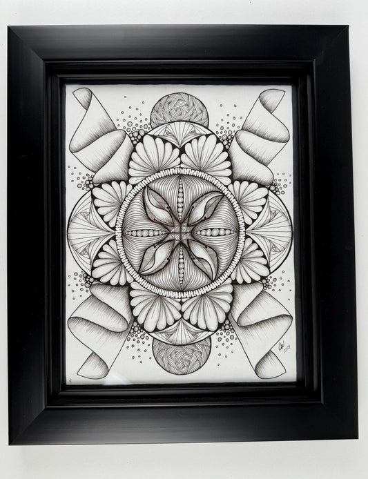 Original Ink Art Drawing - "Floral Sun" - Zentangle Style in Frame