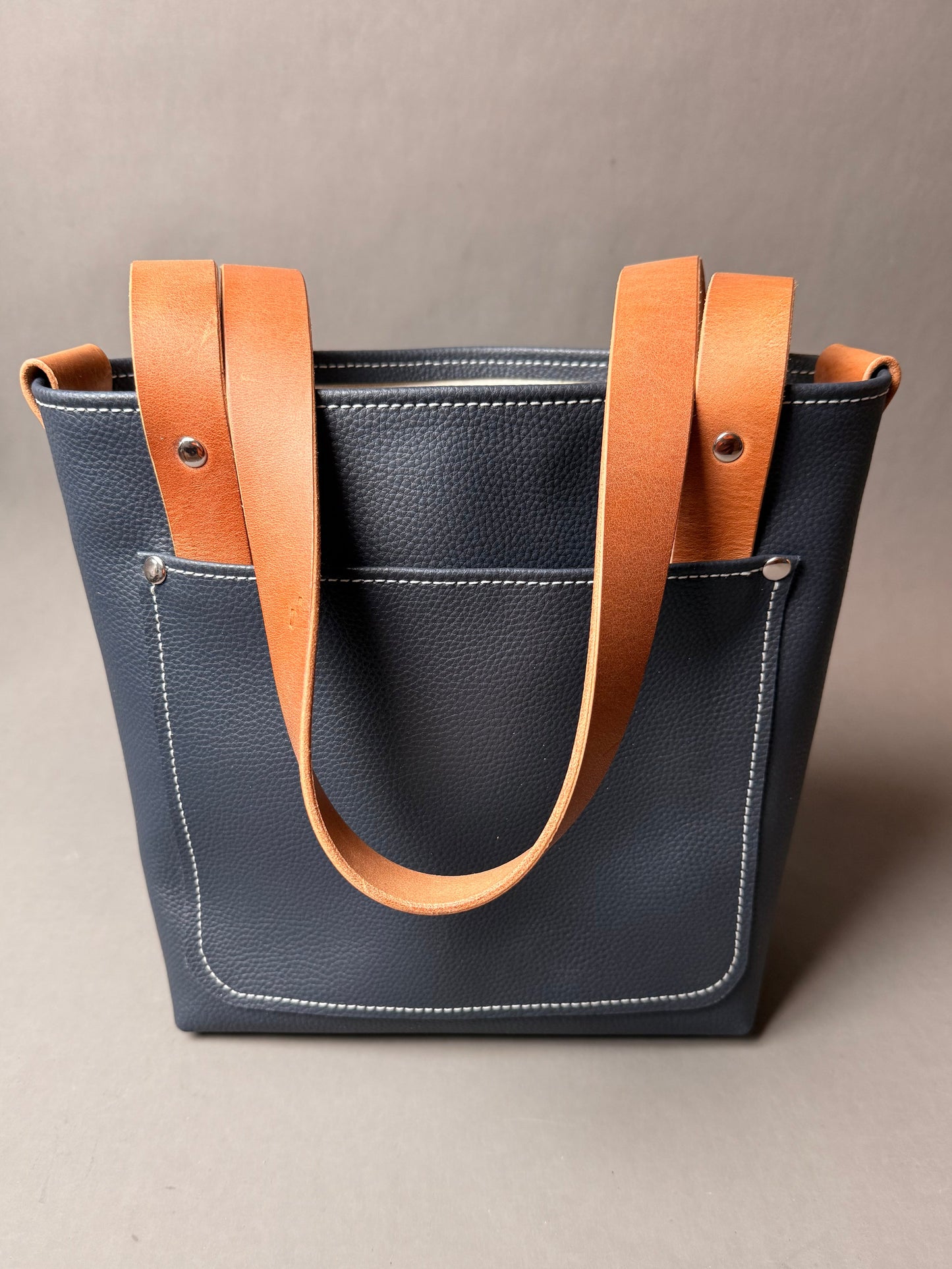 Navy Blue Leather Mini Tote Bag - with Canvas Lining- multiple pockets