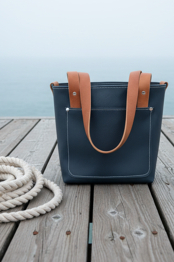 Navy Blue Leather Mini Tote Bag - with Canvas Lining- multiple pockets