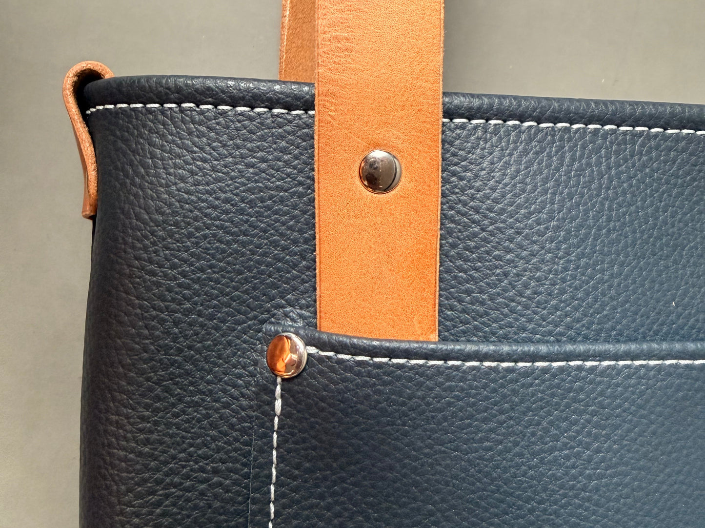 Navy Blue Leather Mini Tote Bag - with Canvas Lining- multiple pockets
