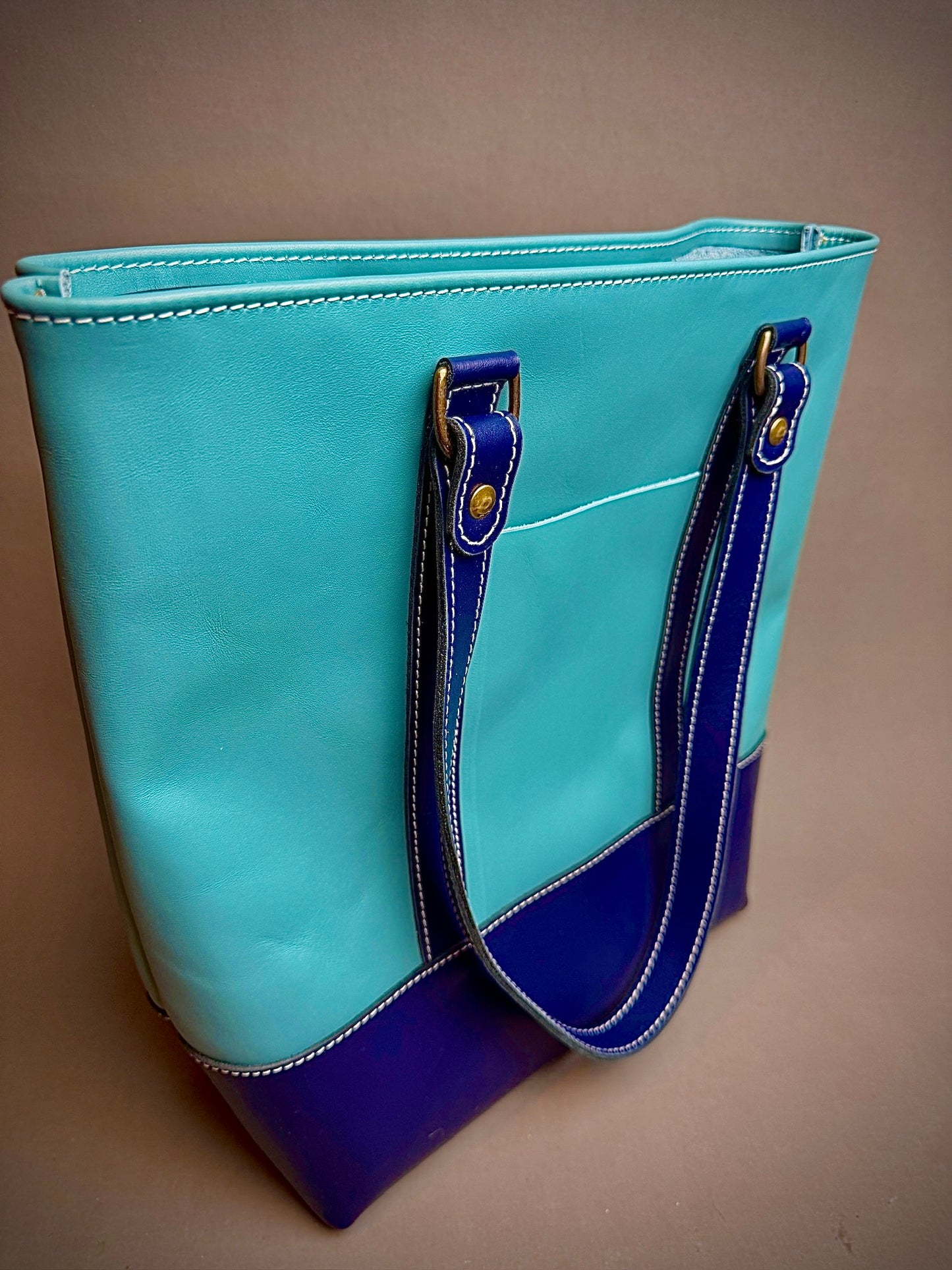 Blue 2-Tone Tote Bag - Italian bag leather - 2 pockets