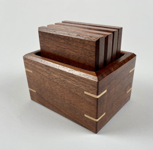 Handmade Walnut Wood Coasters - Set of 4 - with walnut and maple storage box