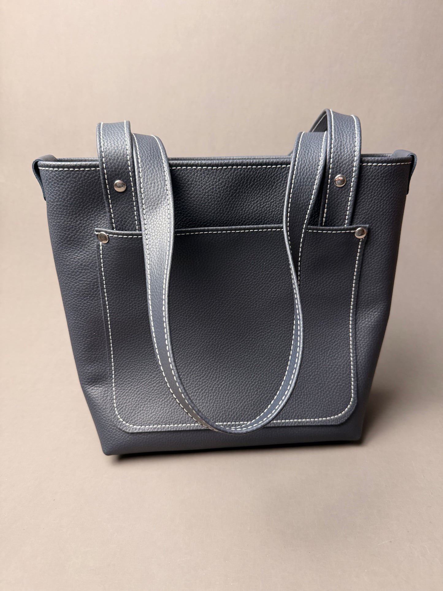 Navy Blue Leather Mini Tote Bag - with Canvas Lining- multiple pockets
