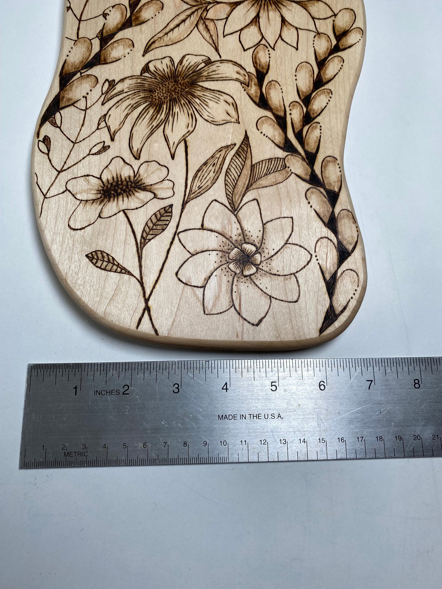 Handmade Charcuterie Board - Pyrography Zentangle Flowers Design - Hand Woodburned - mid-size