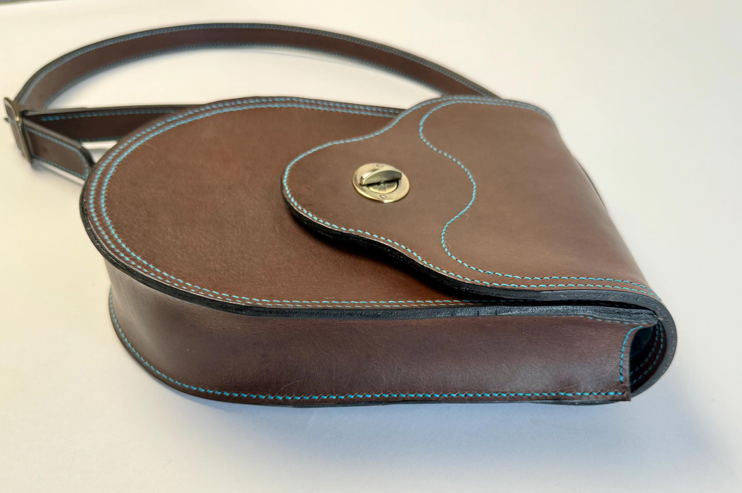 Handmade Leather Horseshoe-style Crossbody Bag - Teal thread - Fully Lined Teal Stripes - Horween leather - Hand-Stitched