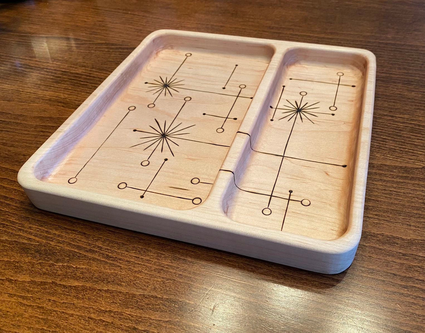 Divided Valet/Serving Tray - Mid-Century Modern Inspired Design (MCM) - Handmade and Woodburned (Pyrography)