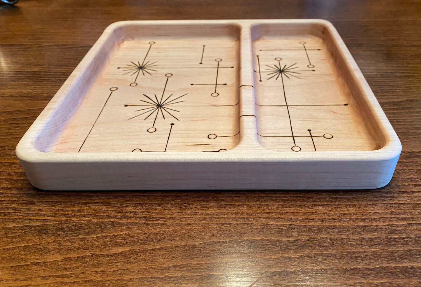 Divided Valet/Serving Tray - Mid-Century Modern Inspired Design (MCM) - Handmade and Woodburned (Pyrography)