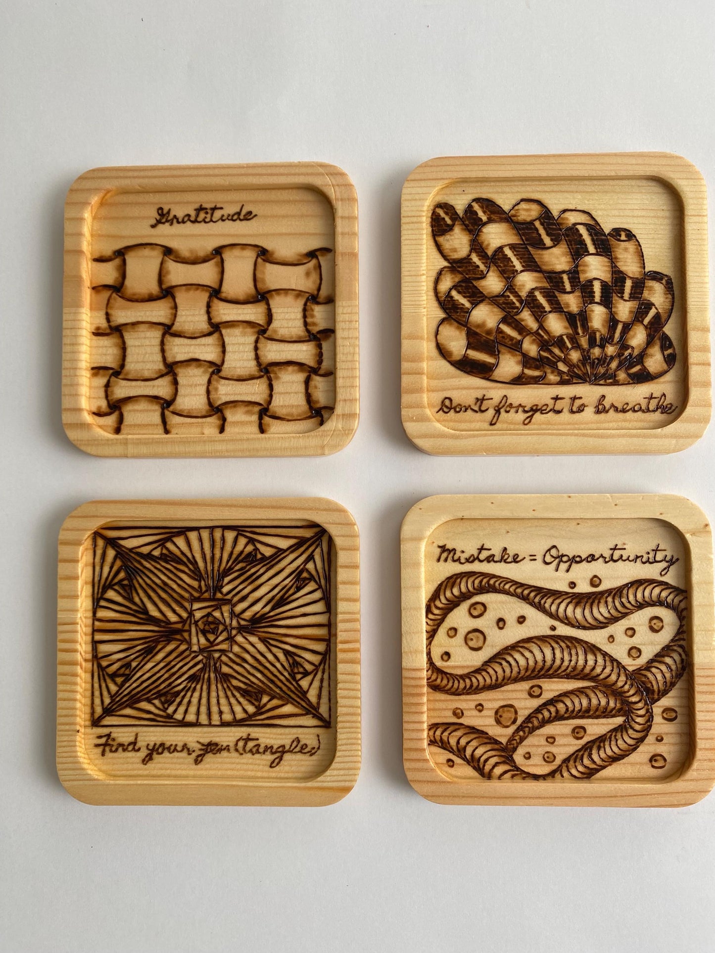 Zentangle Pyrography (Woodburned) Pine Coasters - Set of 4