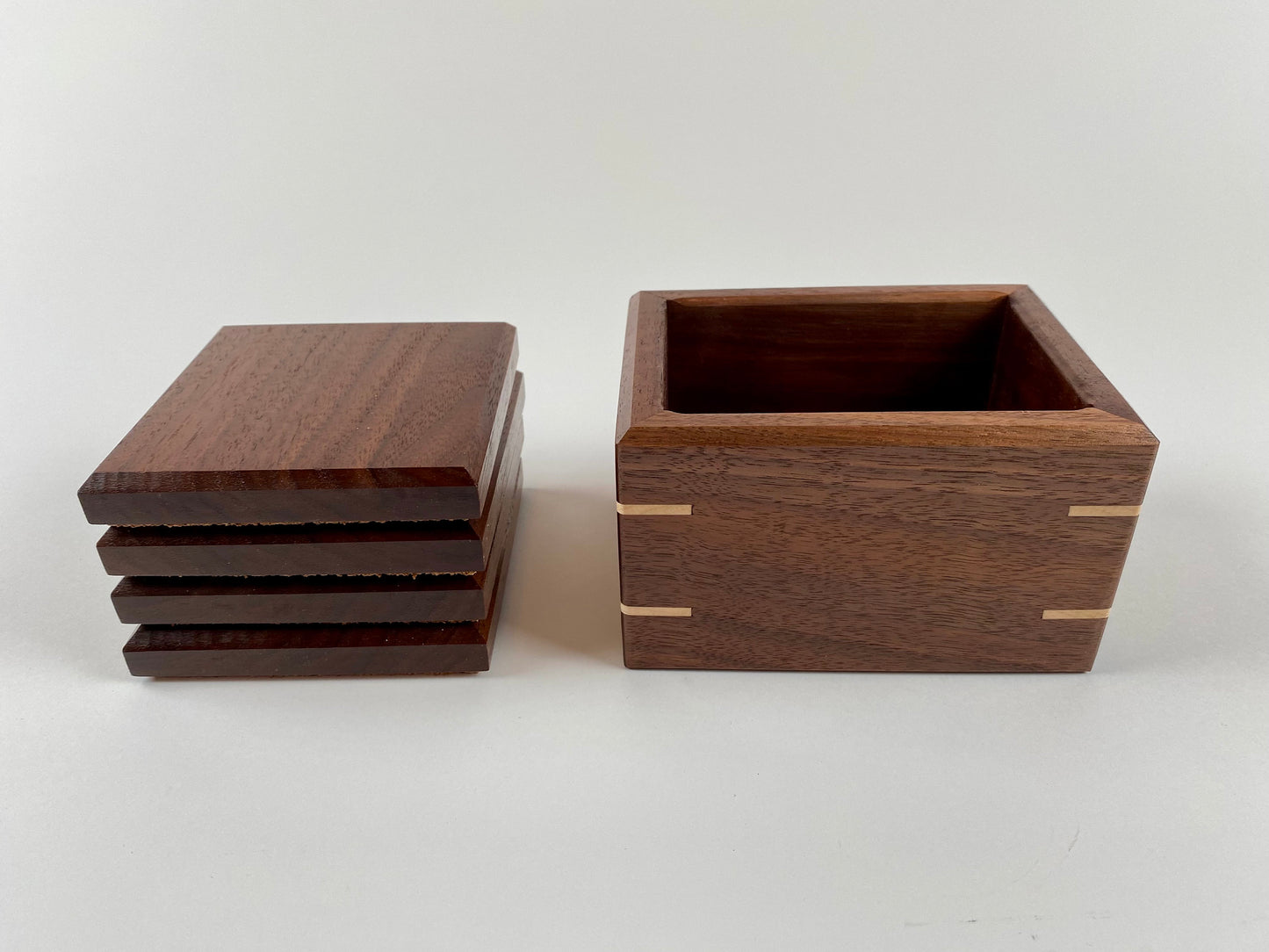 Handmade Walnut Wood Coasters - Set of 4 - with walnut and maple storage box