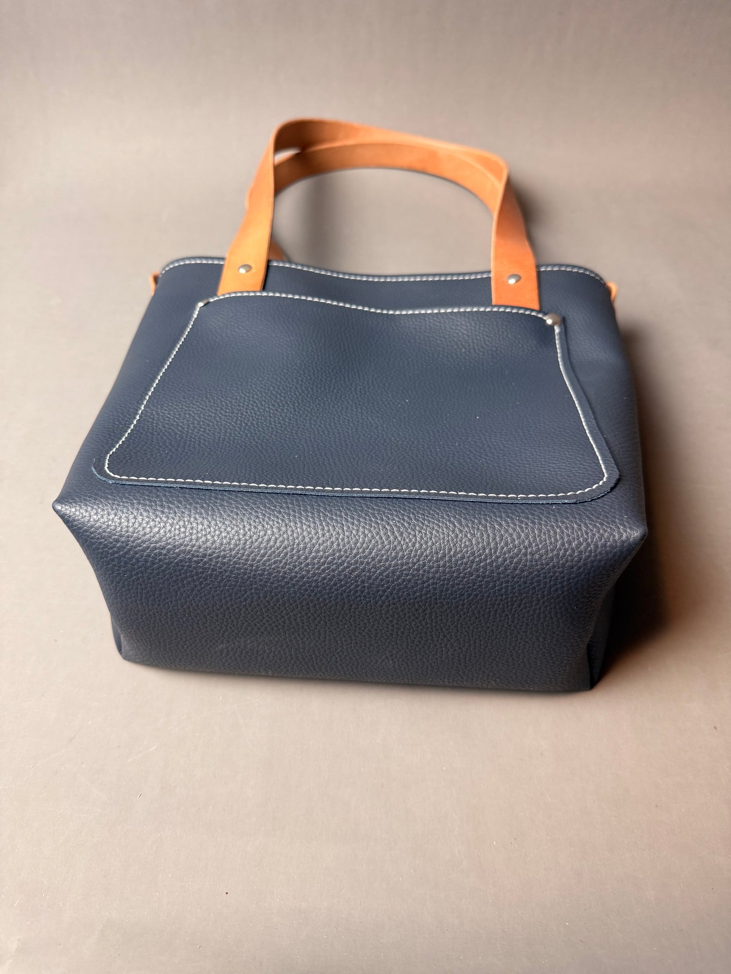 Navy Blue Leather Mini Tote Bag - with Canvas Lining- multiple pockets
