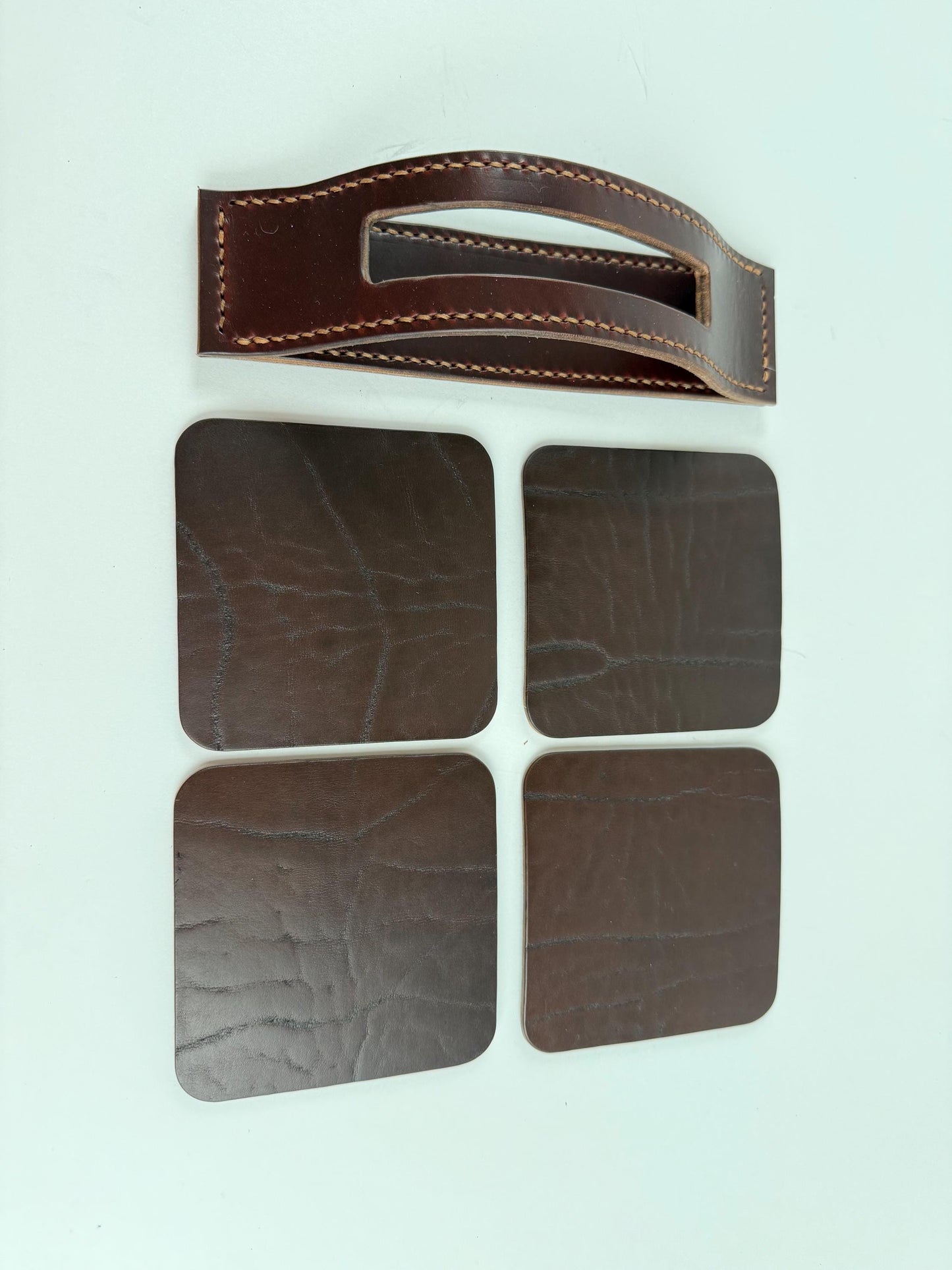 Handmade Leather Coasters and Coaster Holder, Buffalo and Horsehide, Horween leather, hand stitched