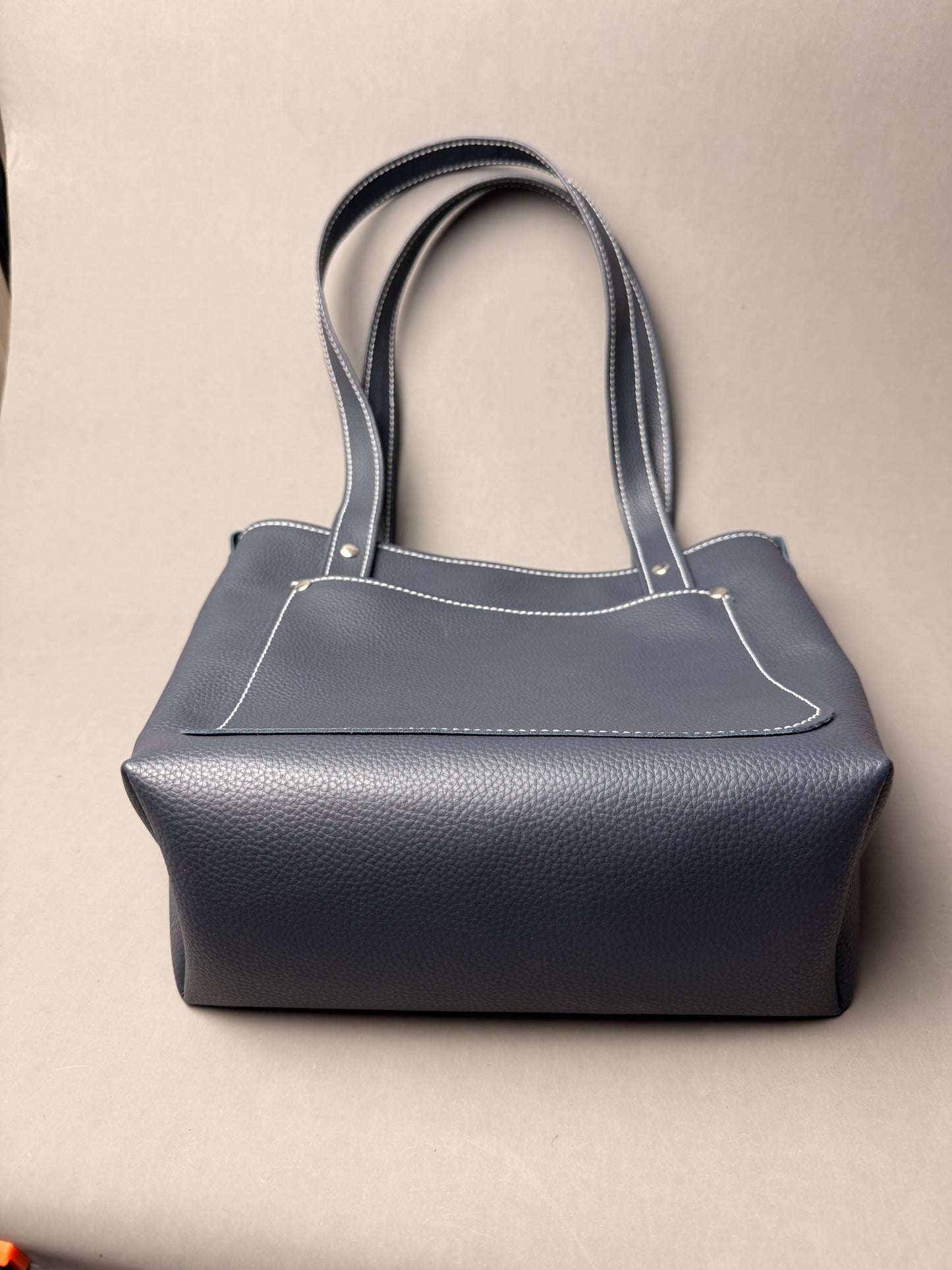 Navy Blue Leather Mini Tote Bag - with Canvas Lining- multiple pockets