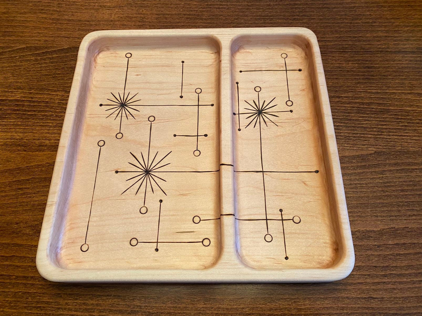 Divided Valet/Serving Tray - Mid-Century Modern Inspired Design (MCM) - Handmade and Woodburned (Pyrography)