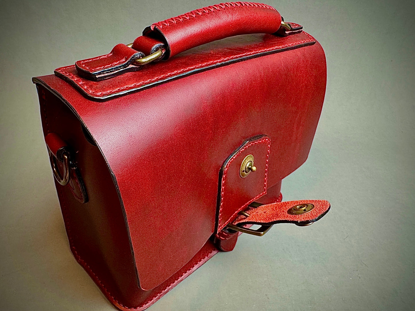 Red Horween Leather crossbody bag with handle