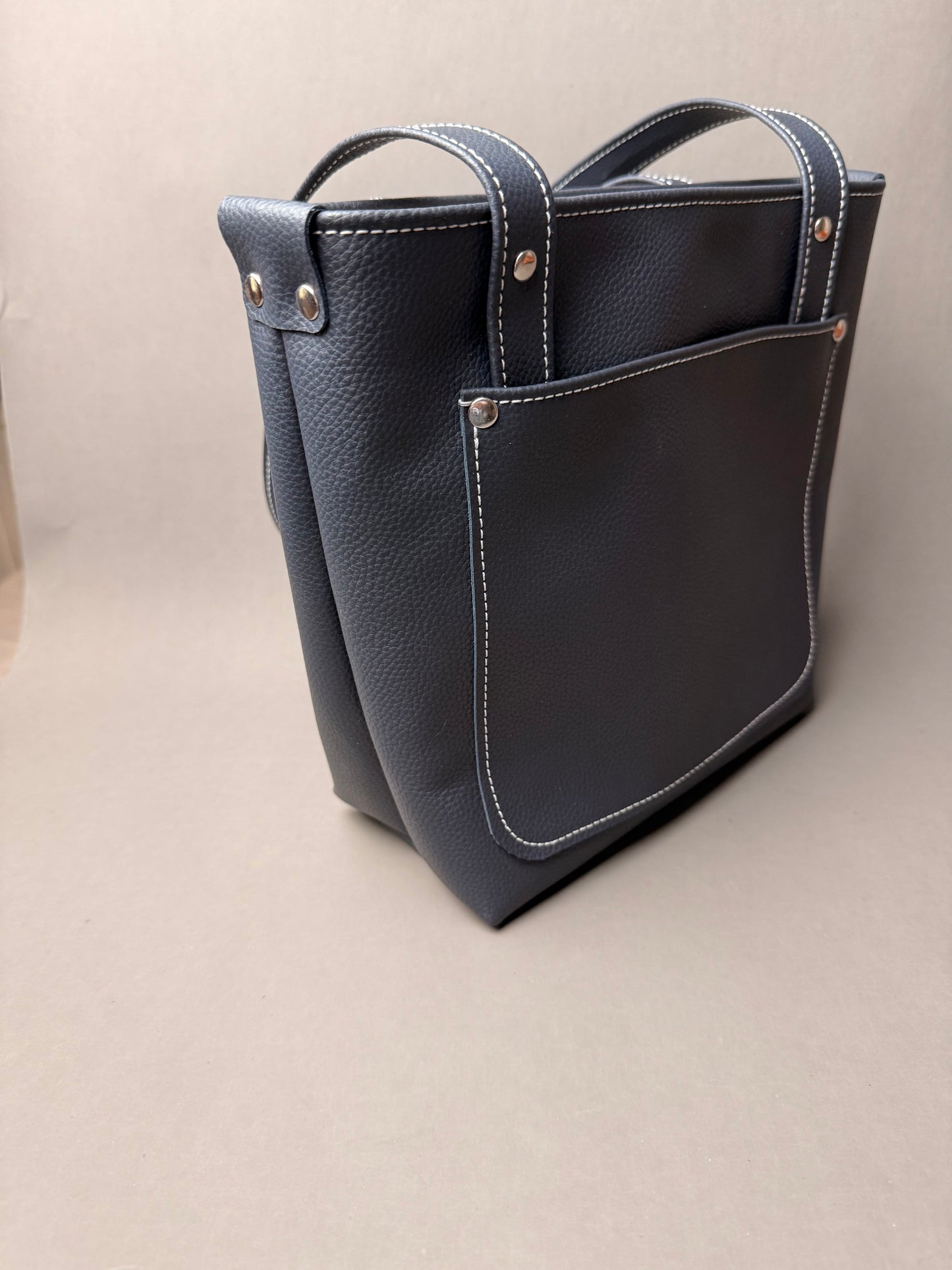 Navy Blue Leather Mini Tote Bag - with Canvas Lining- multiple pockets