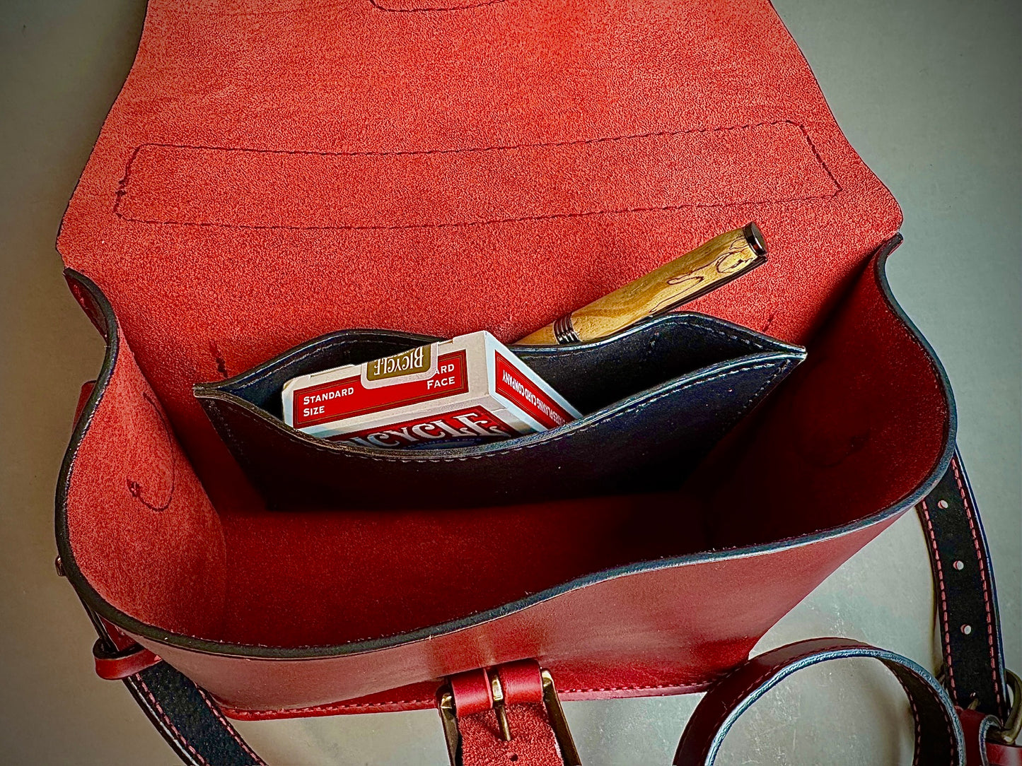 Red Horween Leather crossbody bag with handle