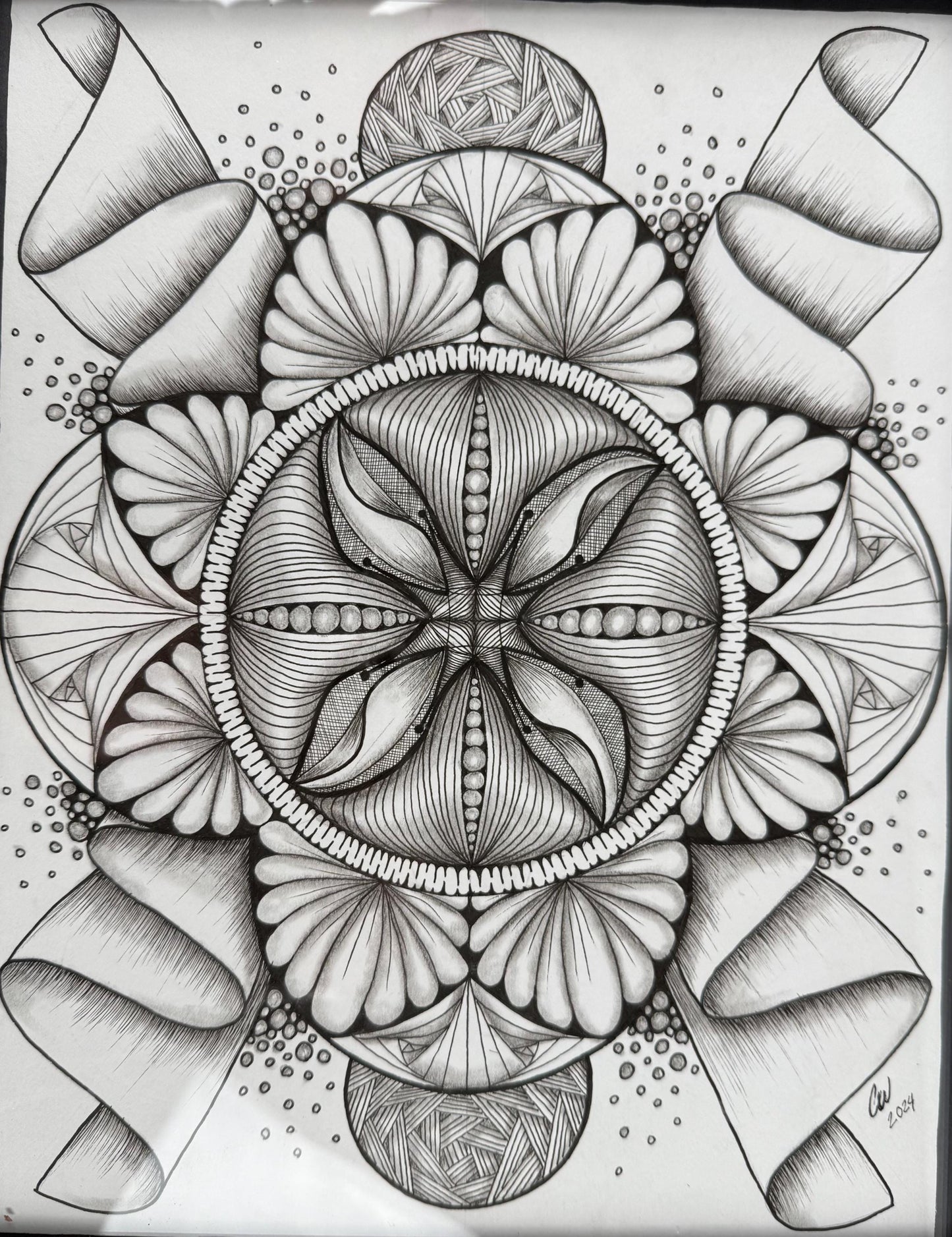 Original Ink Art Drawing - "Floral Sun" - Zentangle Style in Frame