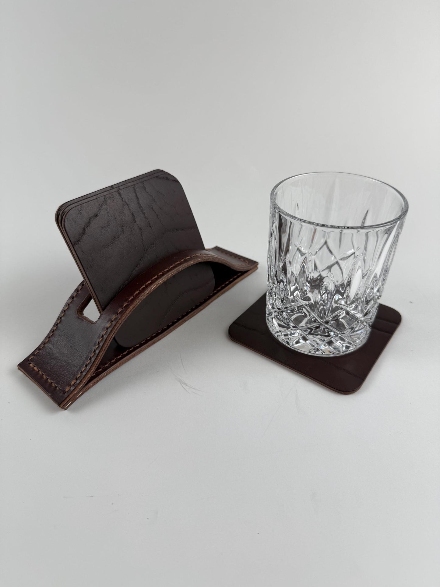 Handmade Leather Coasters and Coaster Holder, Buffalo and Horsehide, Horween leather, hand stitched