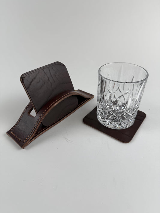 Handmade Leather Coasters and Coaster Holder, Buffalo and Horsehide, Horween leather, hand stitched