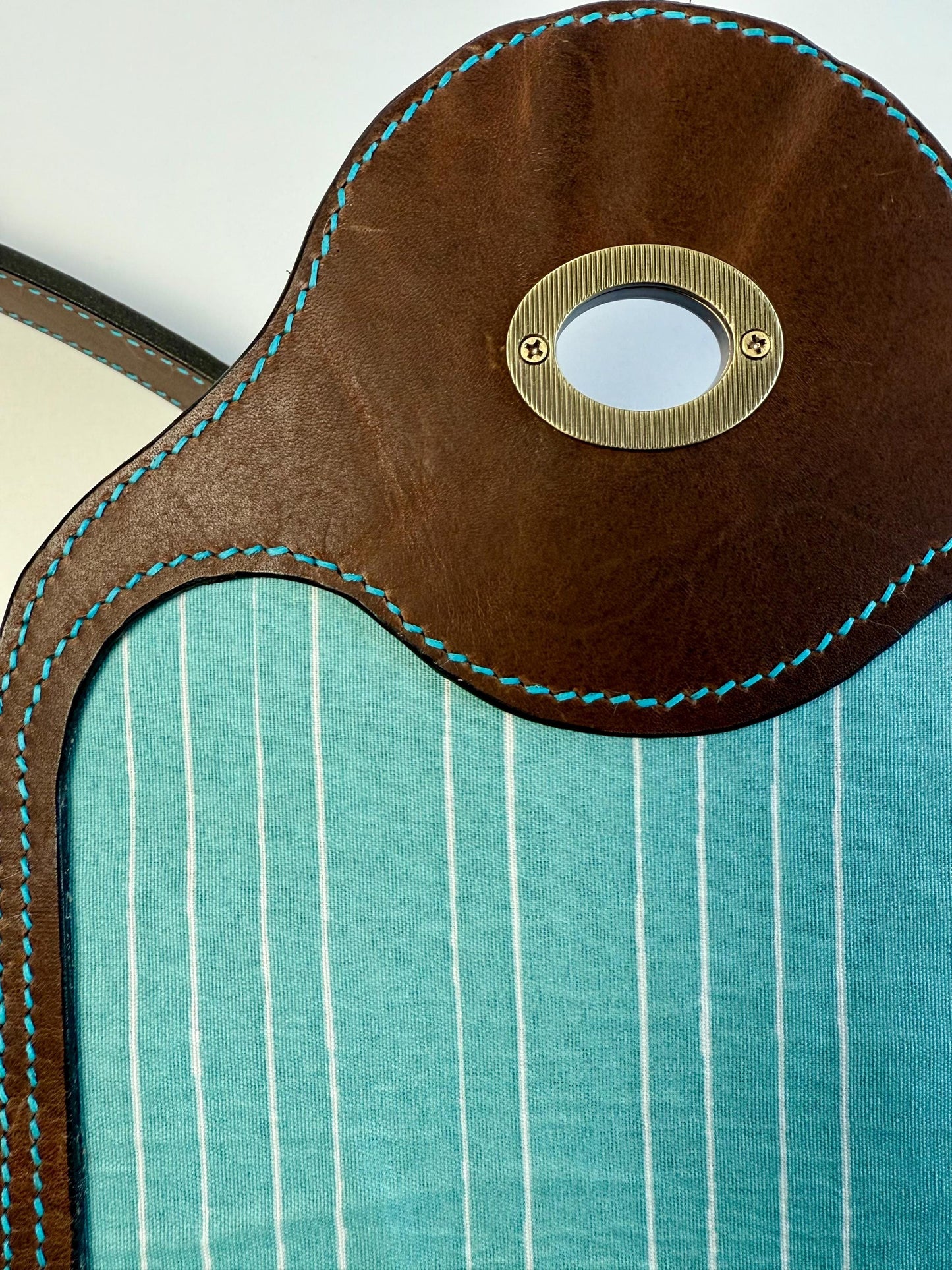 Handmade Leather Horseshoe-style Crossbody Bag - Teal thread - Fully Lined Teal Stripes - Horween leather - Hand-Stitched