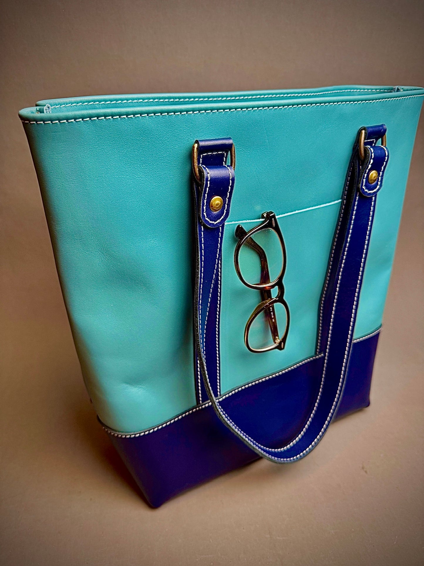 Blue 2-Tone Tote Bag - Italian bag leather - 2 pockets