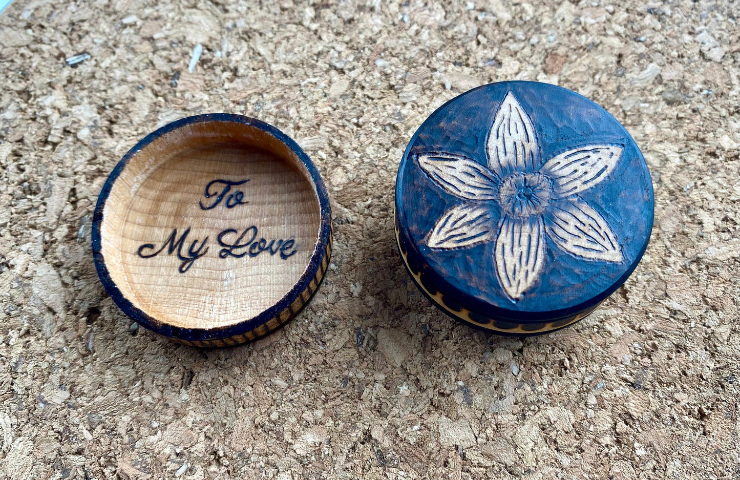 Engagement Ring Box - pyrography (woodburning) floral design - hand drawn