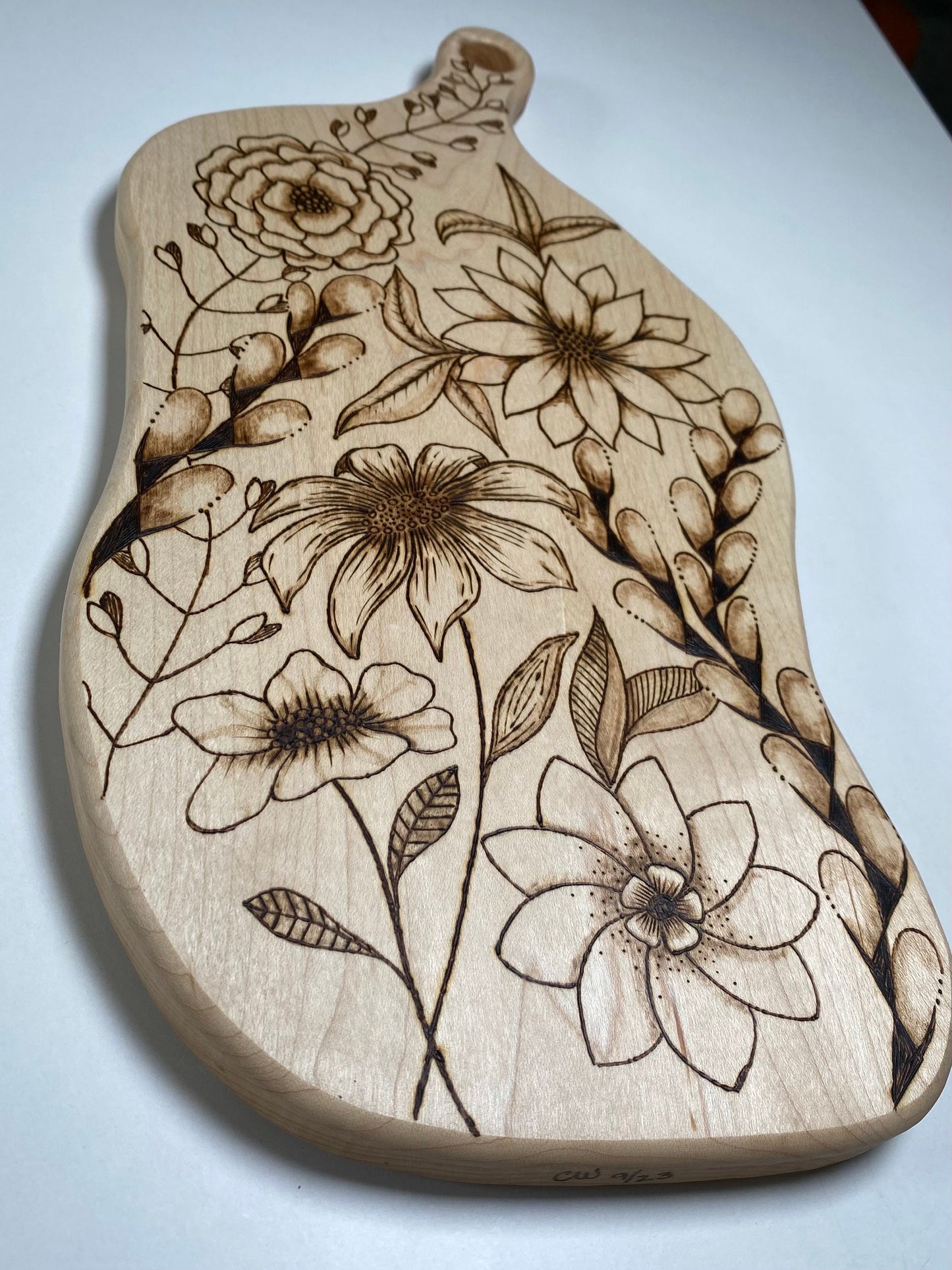 Handmade Charcuterie Board - Pyrography Zentangle Flowers Design - Hand Woodburned - mid-size