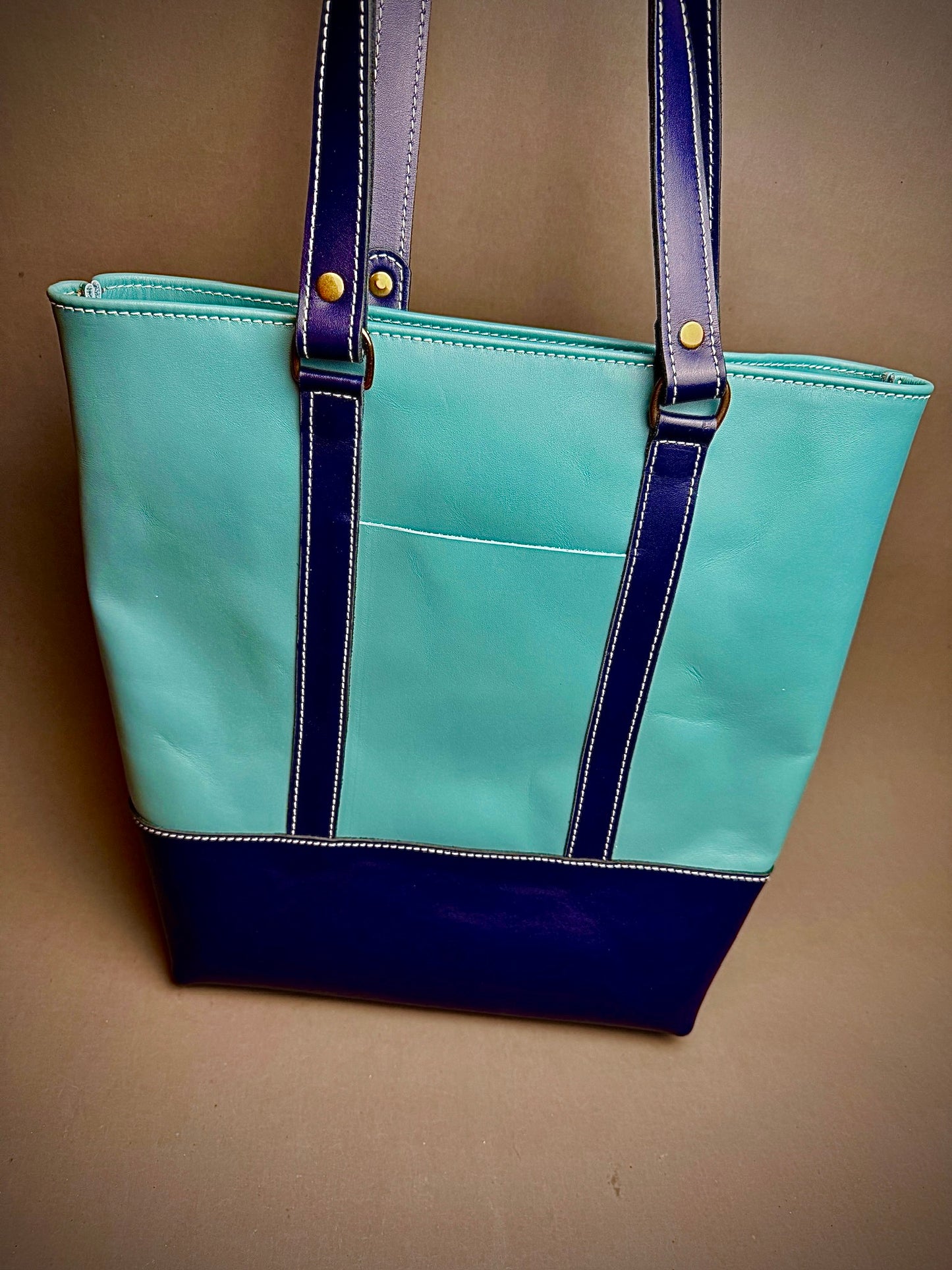 Blue 2-Tone Tote Bag - Italian bag leather - 2 pockets