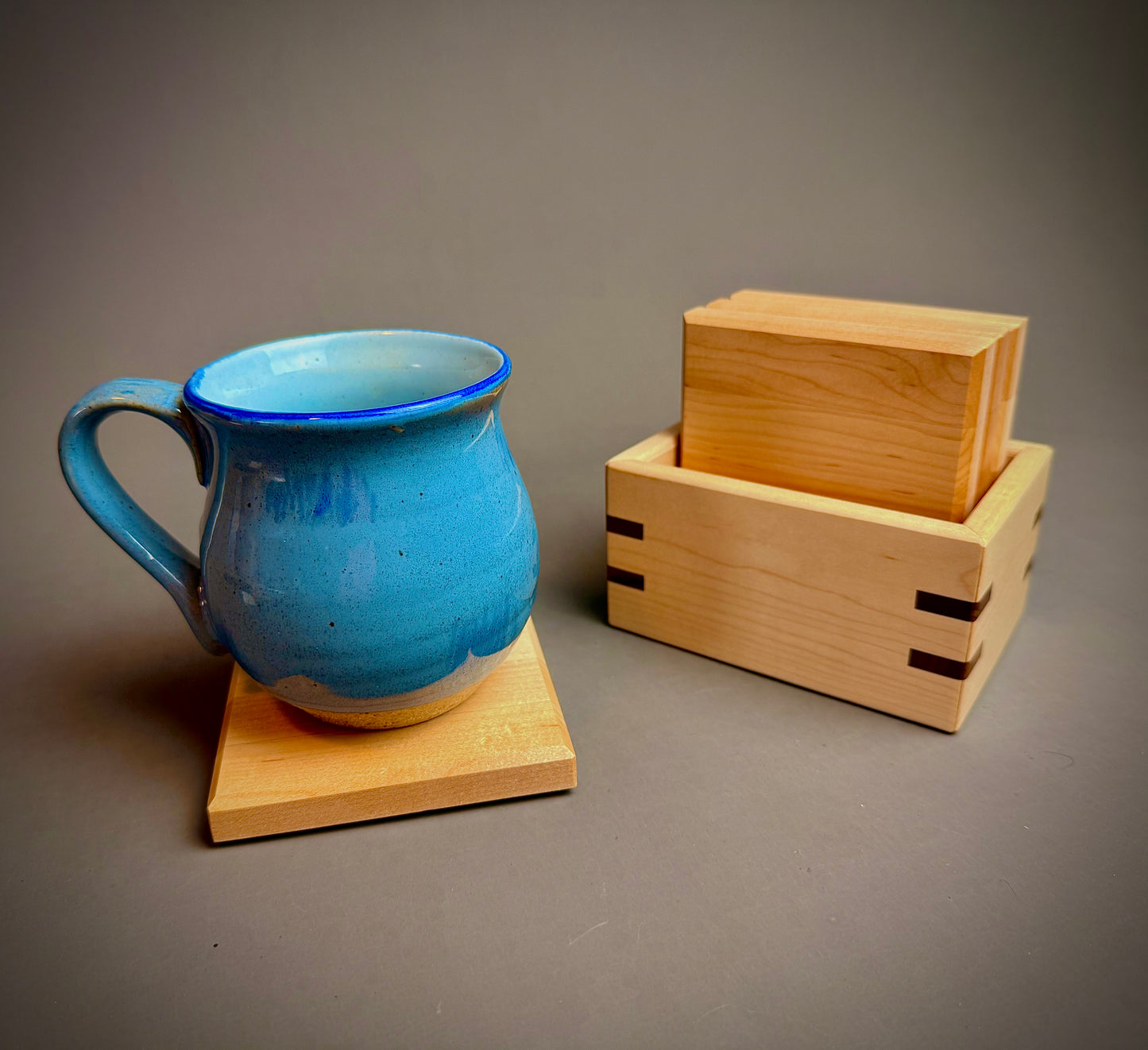 Handmade Maple Wood Coasters - Set of 4 - with maple and walnut storage box