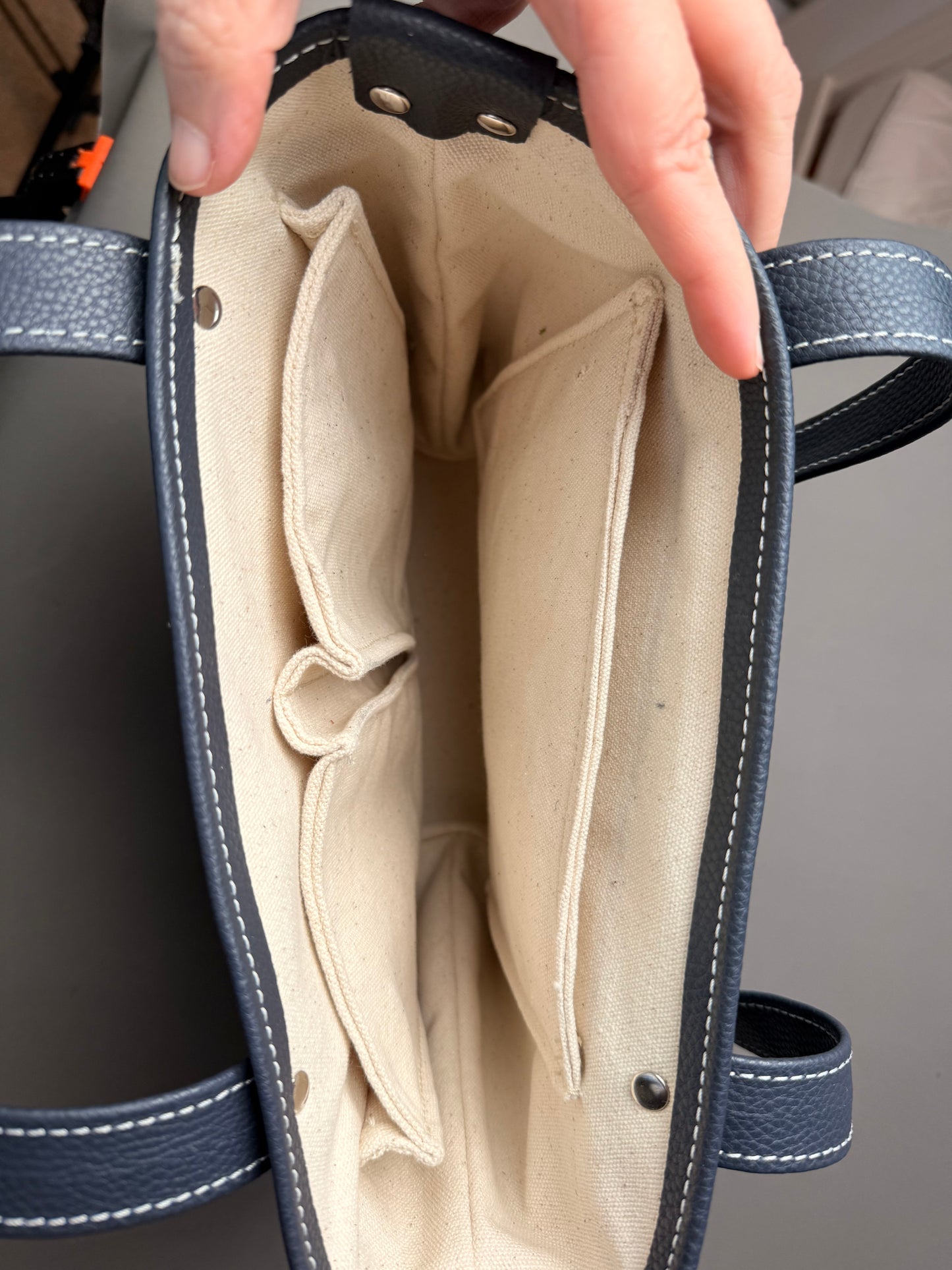 Navy Blue Leather Mini Tote Bag - with Canvas Lining- multiple pockets